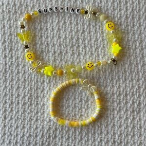 Handmade Yellow Sunshine Clay Bracelet Beaded Stretch Phone Charm Set